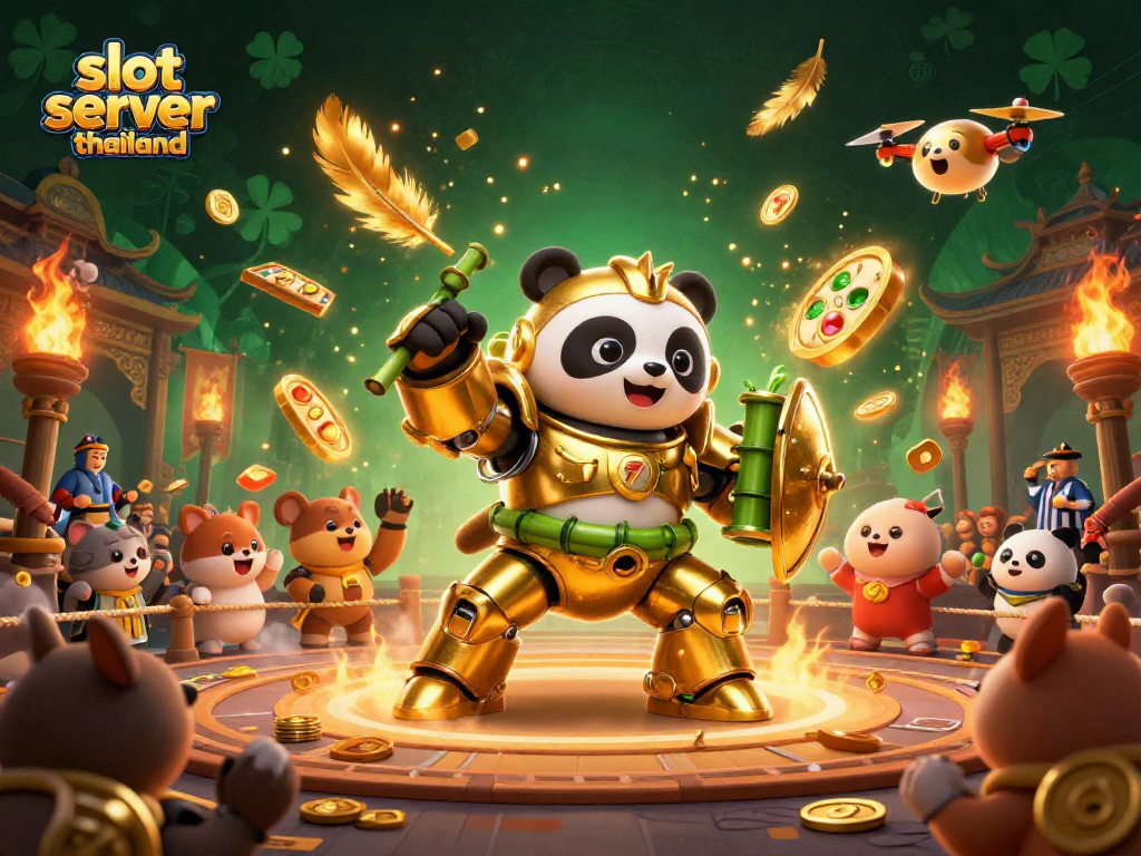 Experience dynamic action with slot server thailand in a vibrant 3D illustration of a panda mech battling.