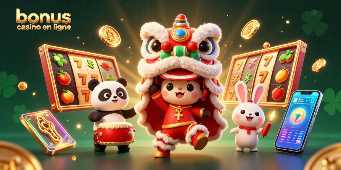 Profitez de l'animation festive de bonus casino en ligne avec un lion, un panda et un lapin dans un environnement dynamique.