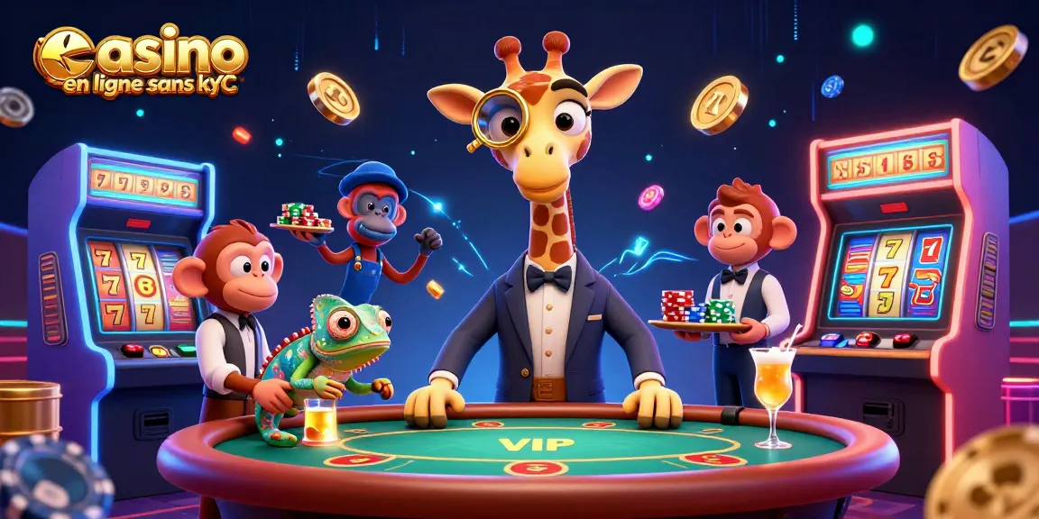 Jouer sur un casino en ligne sans KYC avec une girafe de luxe au poker, des jetons et un cocktail doré.