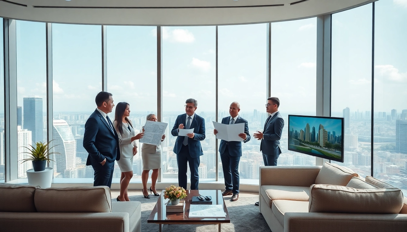View experts discussing new condo developments at https://newdeveloperlaunch.sg with blueprints and city views.