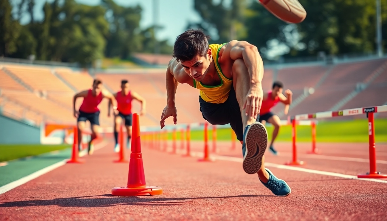Showcasing agility, athletes engage in dynamic training drills outdoors.