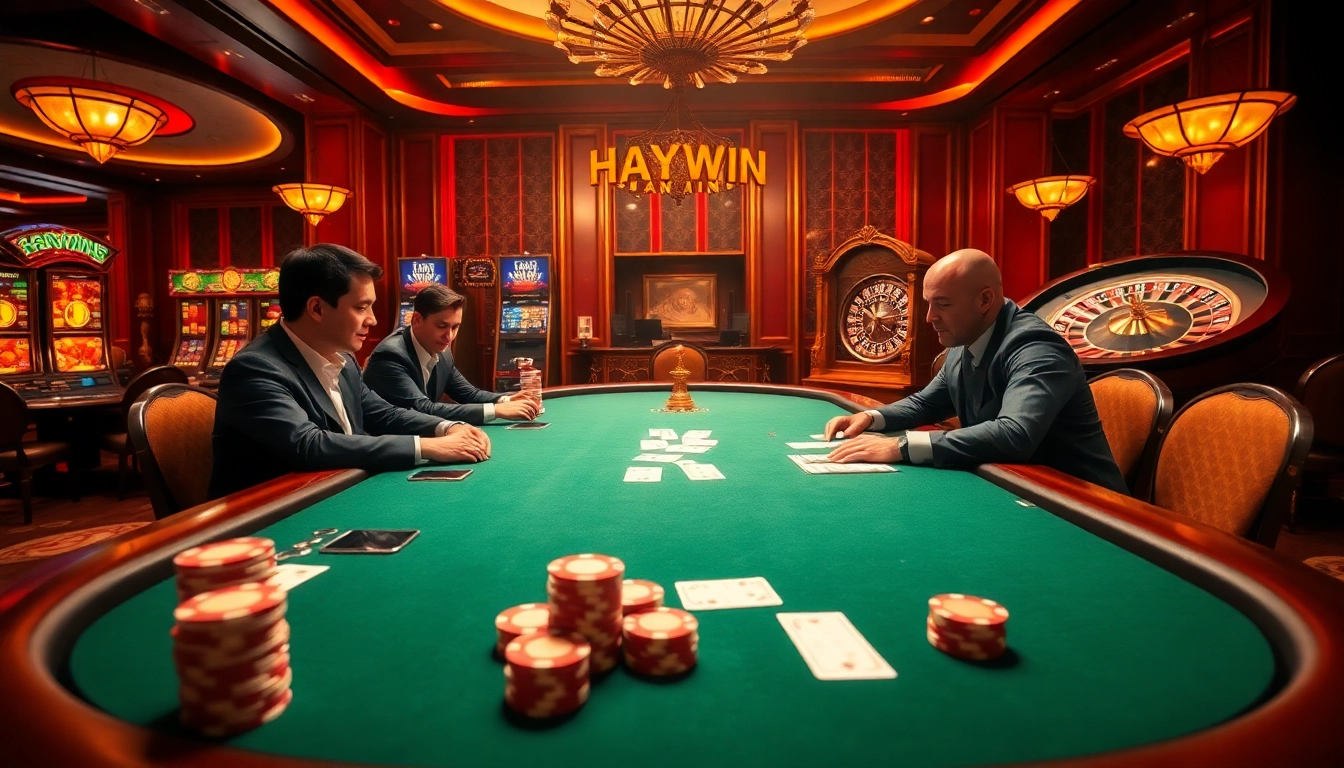 Haywin poker action scene with players displaying strategy at a luxurious casino table.