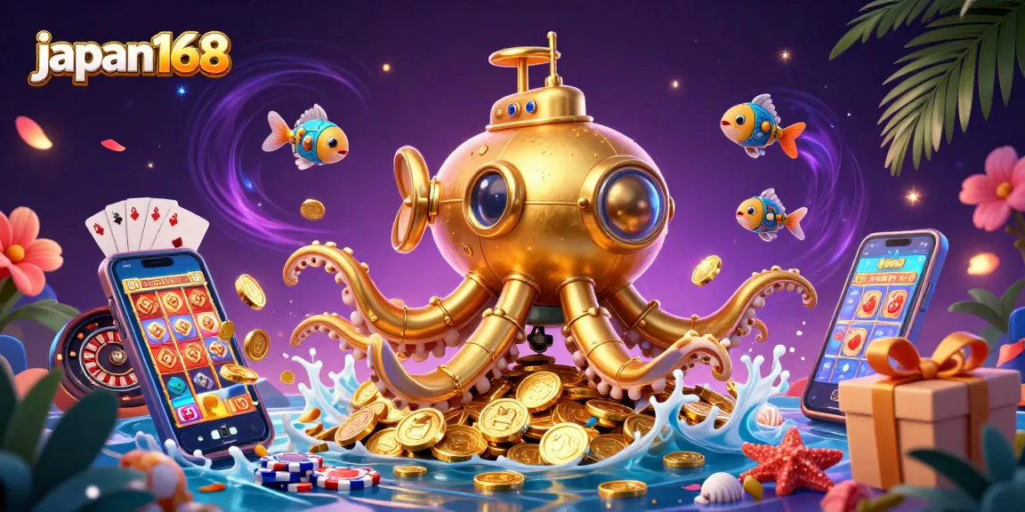 Spin to win with japan168 in this vibrant casino-themed illustration full of exciting game elements.