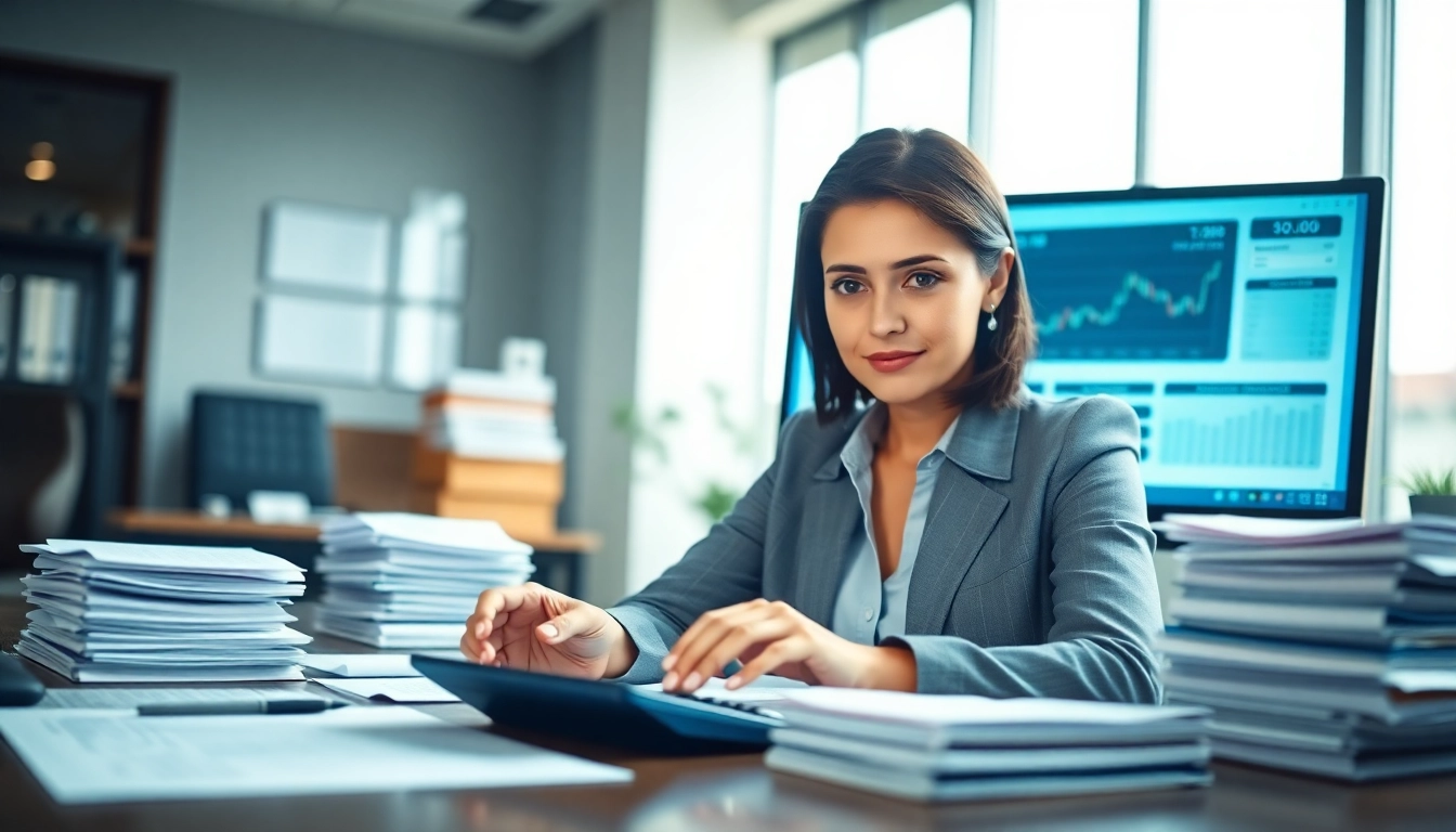 Überstunden auszahlen lassen: Businesswoman calculating her salary in a bright office setting.