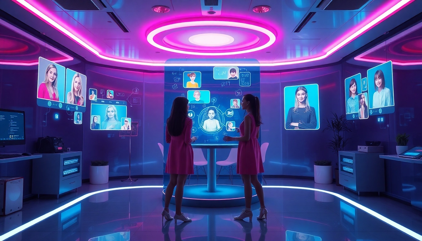 Dynamic visual of nsfw ai chat platforms with diverse AI characters in a futuristic setting.