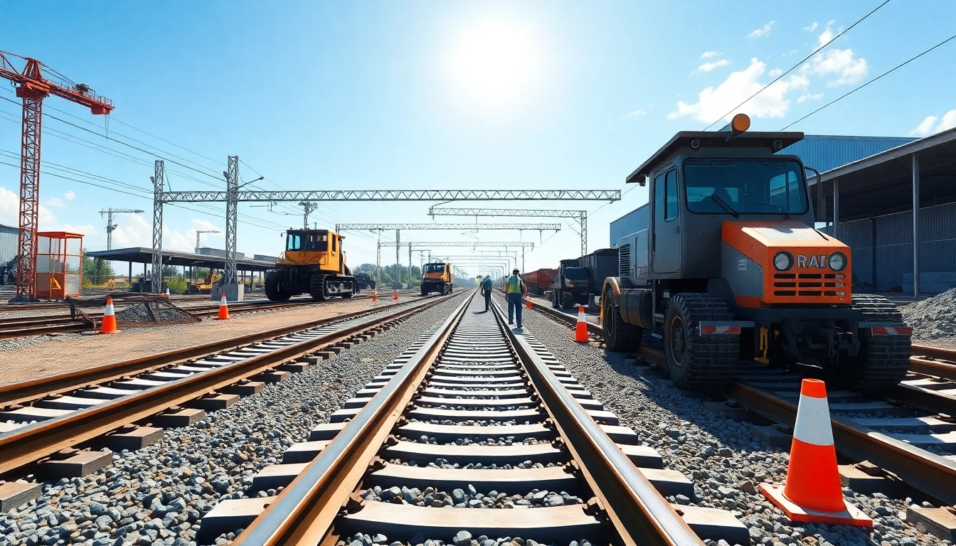 Workers engaged in railroad construction, showcasing teamwork and machinery in action.