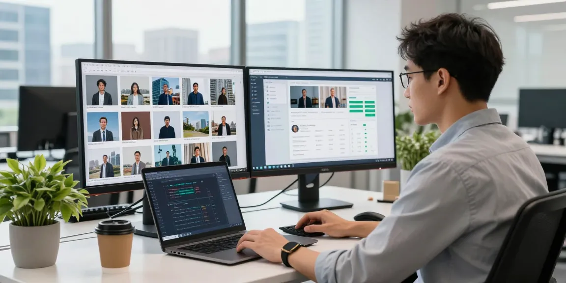 Detect AI image technology workspace with analyst reviewing flagged content for accuracy and moderation.