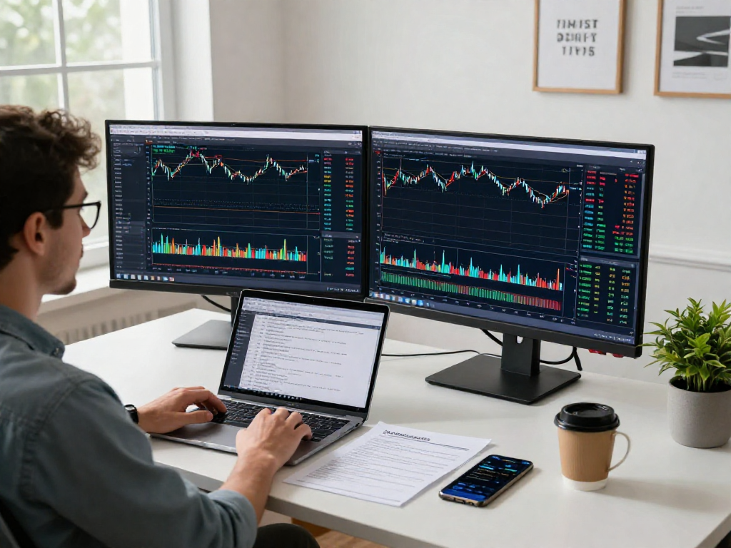 使用metatrader 5进行市场分析的交易者，现代的交易工作空间，显示出金融工具和图表的细节。