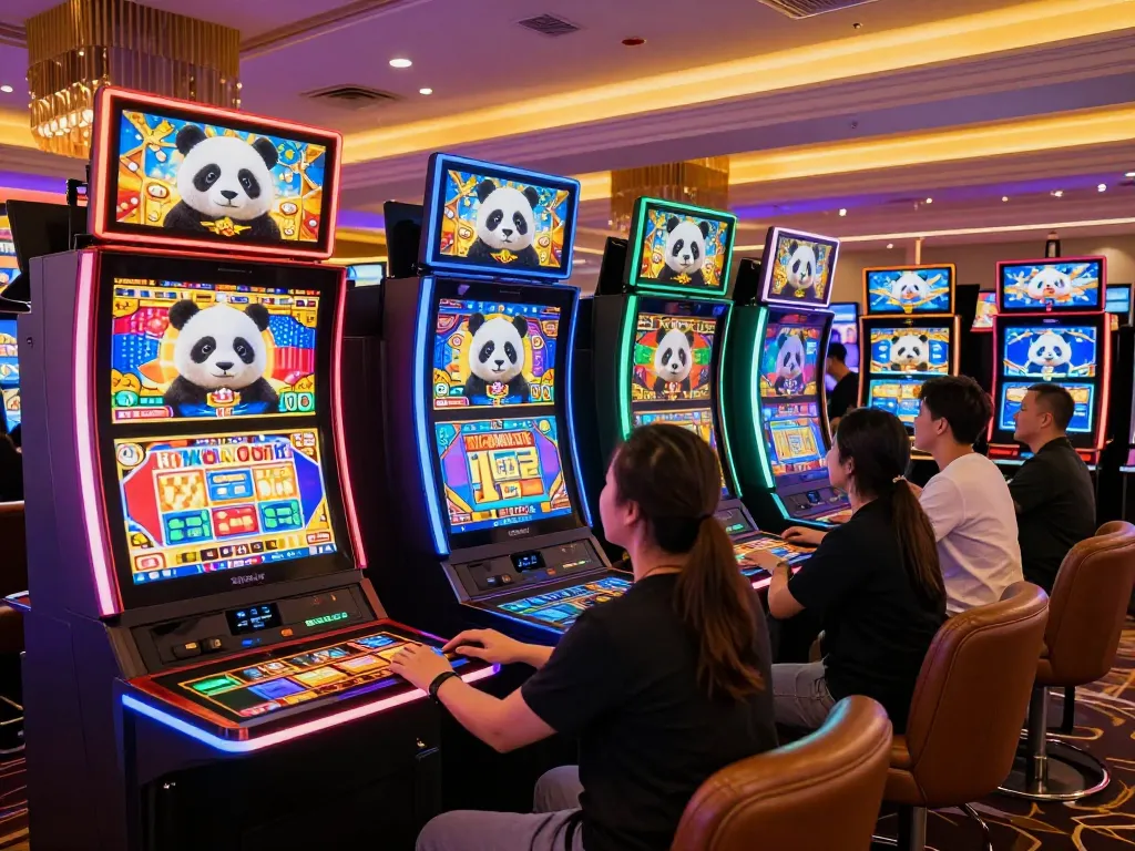 Panda casino players enjoying vibrant slot machines and live dealer games in an upscale, engaging online gaming environment.