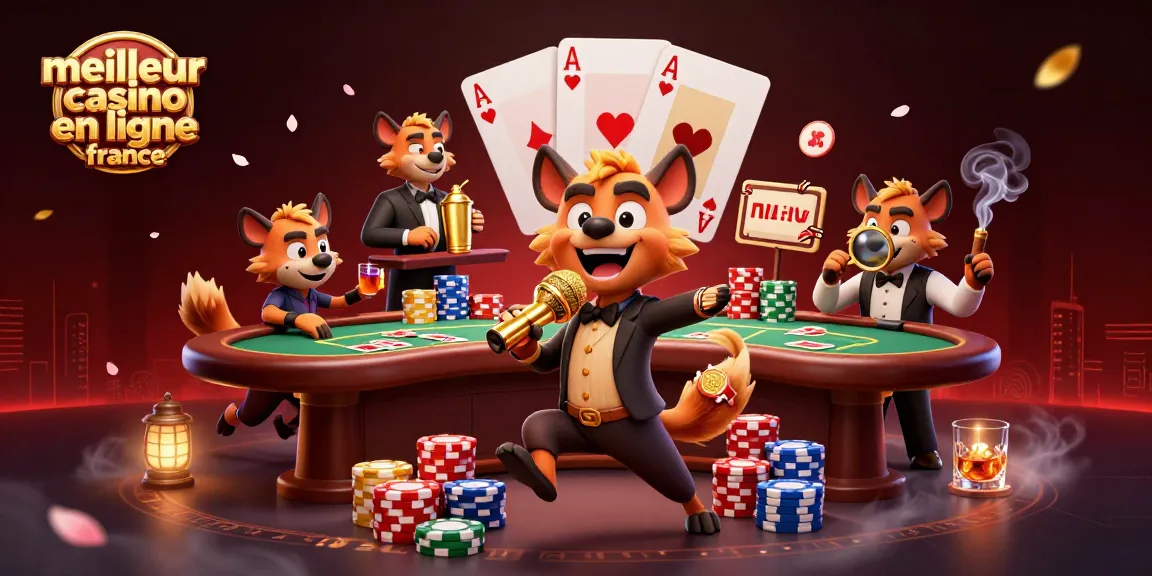 Découvrez le meilleur casino en ligne France avec des hyènes animées dans une ambiance festive, jouant à des jeux de cartes.