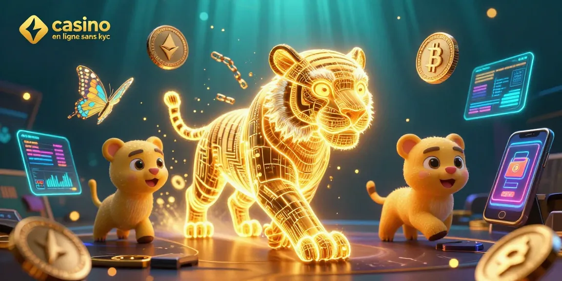Visualisez le casino en ligne sans kyc avec un tigre holographique et des éléments de crypto-monnaie.