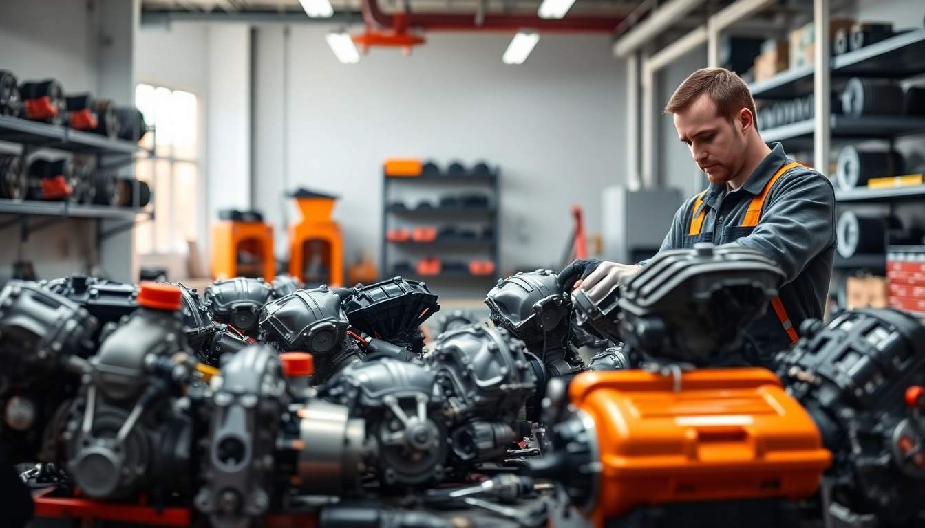 Inspecting used engines in a well-lit workshop, showcasing mechanical expertise.