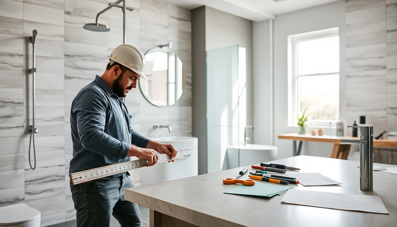 Bathroom contractors near me renovating a modern bathroom with precision and style.