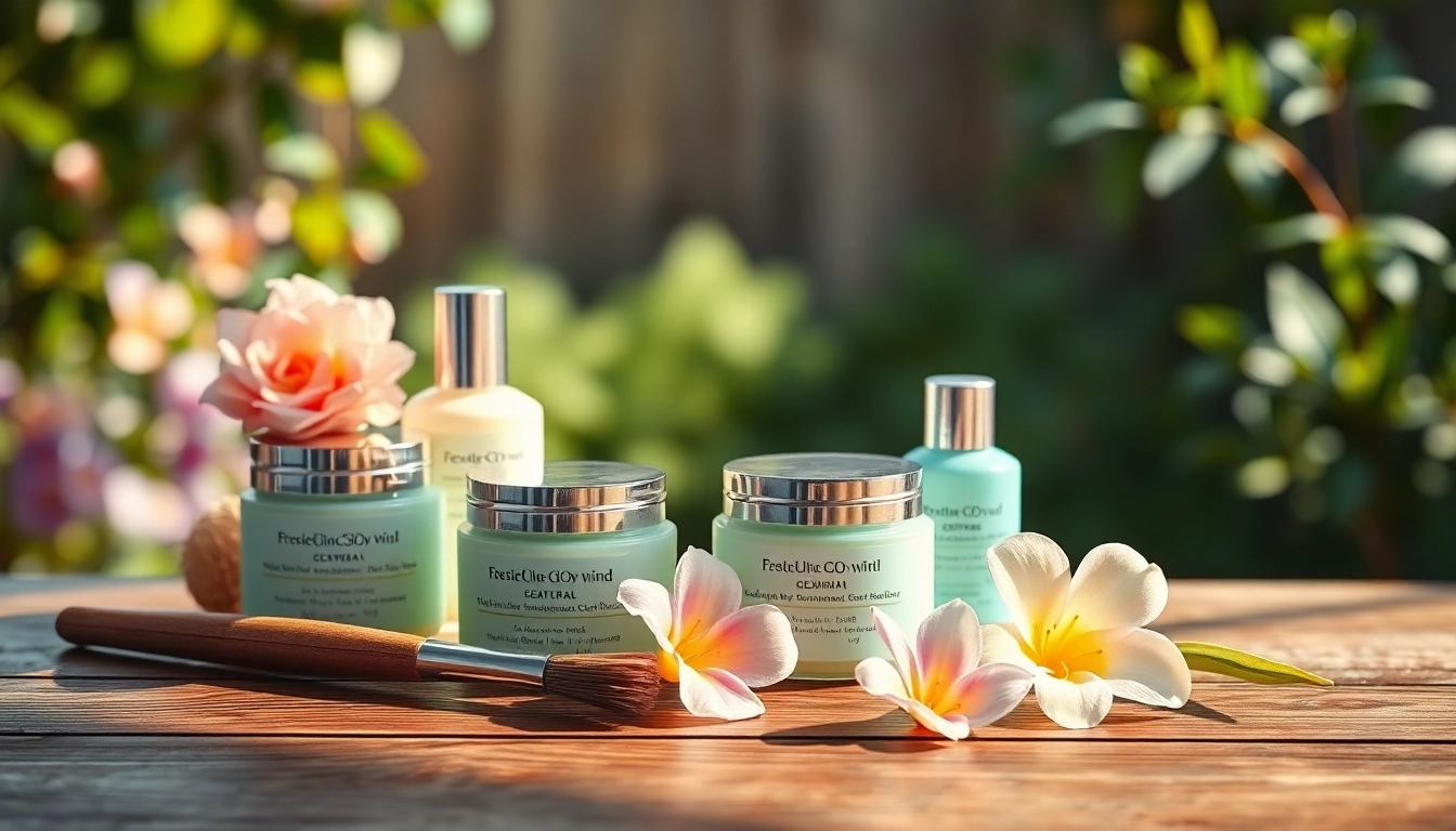Showcasing a glow blend of natural cosmetics surrounded by flowers for beauty.