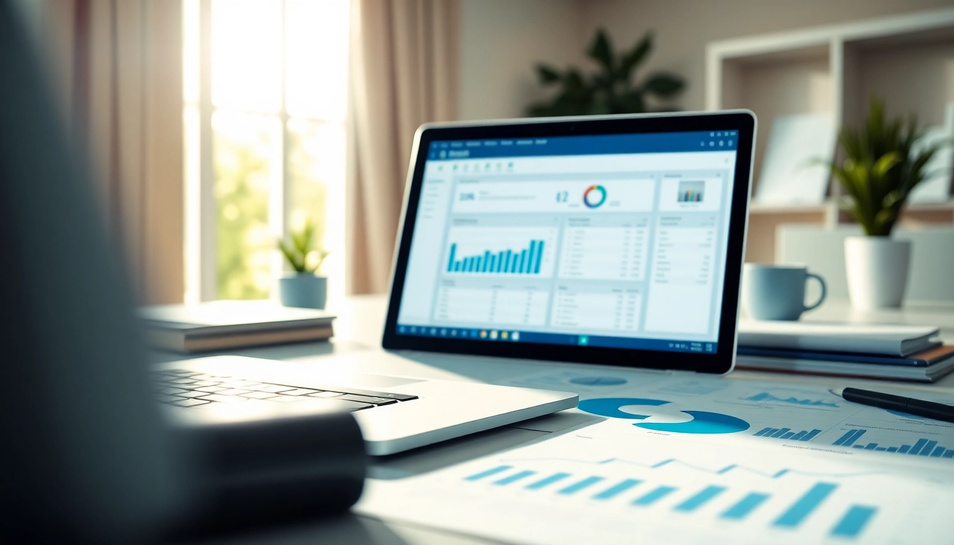 Showcasing order processing software in a professional workspace with charts and documents for effective management.