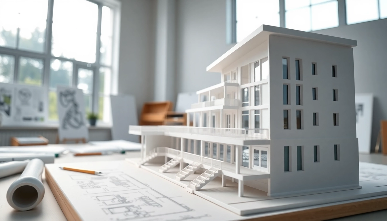 Architekturmodellbau Stuttgart zeigt ein detailliertes architektonisches Modell in einem modernen Studio.