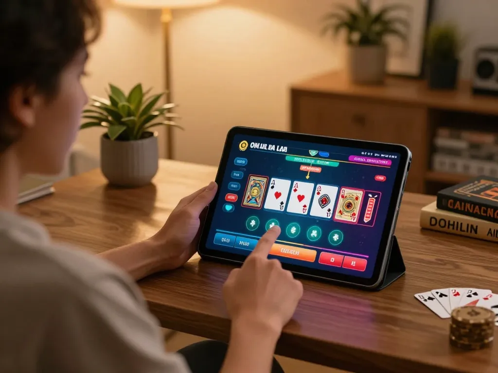 Player enjoying live online casino gameplay on tablet with Link Gaco visible on screen.