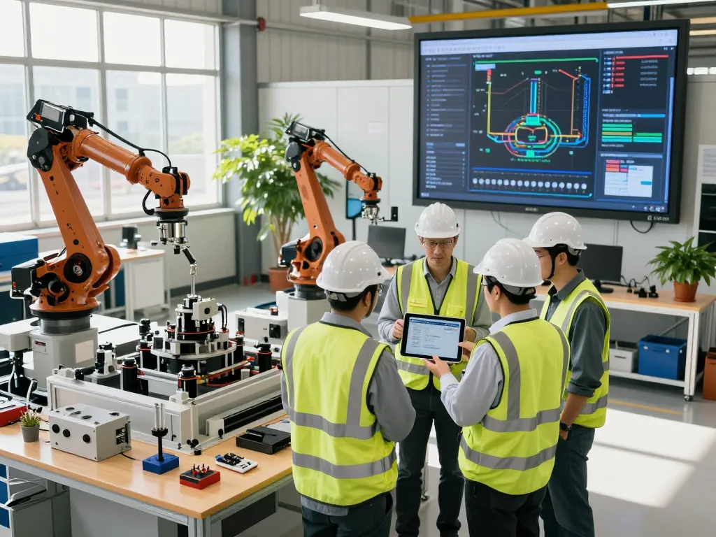 Bosch Rexroth engineers collaborating on advanced automation solutions in a vibrant industrial setting.
