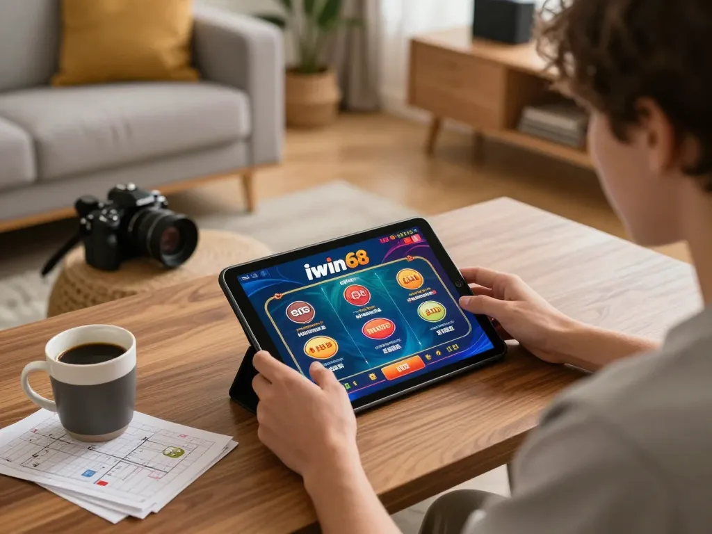 Engaging player enjoying iwin68 iwin games on tablet in a cozy home environment during online gaming.