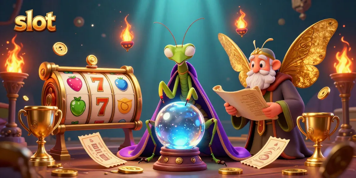 Engage with thrilling slot reels and mystical elements in an illustrated casino scene.