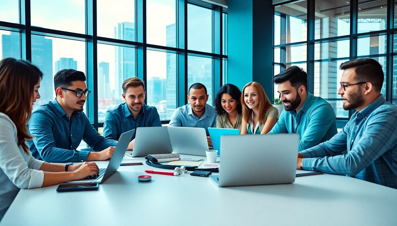 Engaging team collaboration on seo services in a modern office setting.