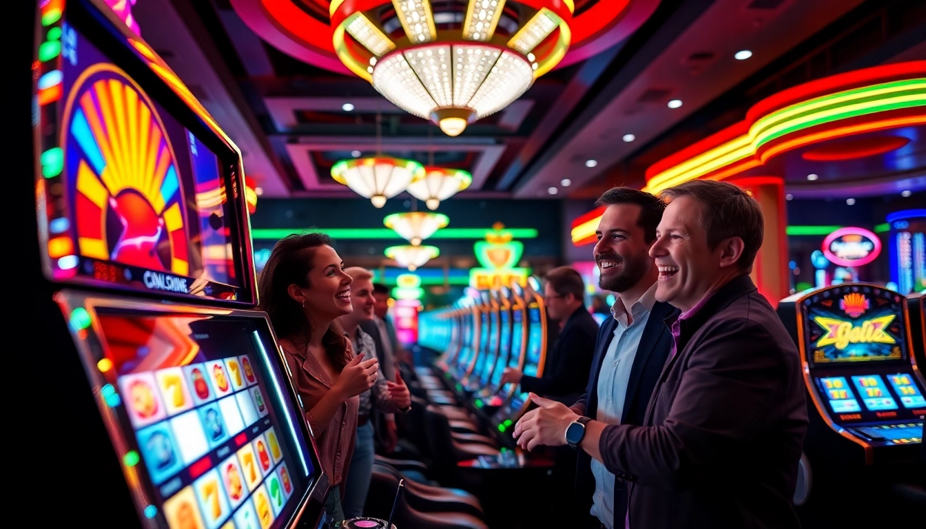 Mainkan slot online dengan pemain bersemangat di latar belakang kasino yang penuh warna.