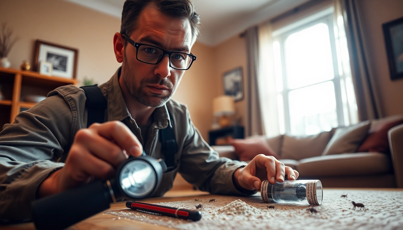 Inspecting ceiling insect infestation in a living room, showcasing an exterminator and tools for pest control.
