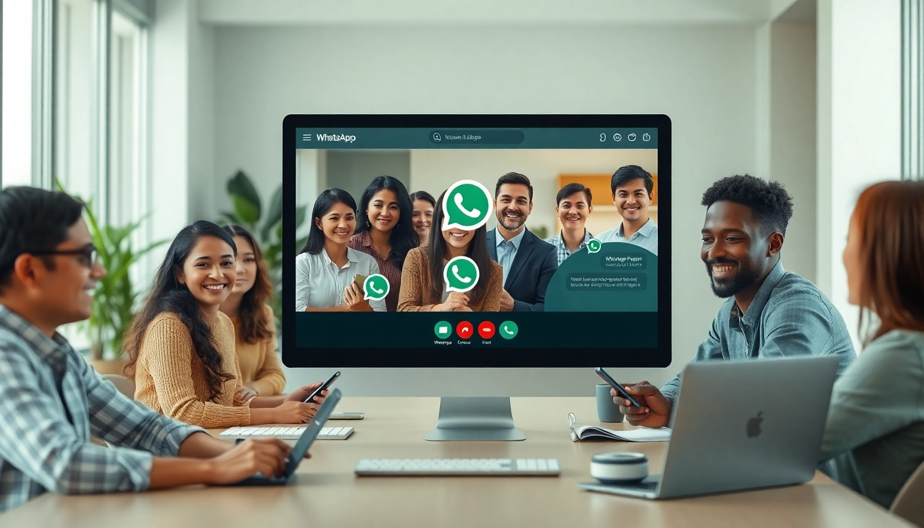 使用 WhatsApp网页版进行视频通话、消息传递与文件共享的动态工作区，展示协作效果。