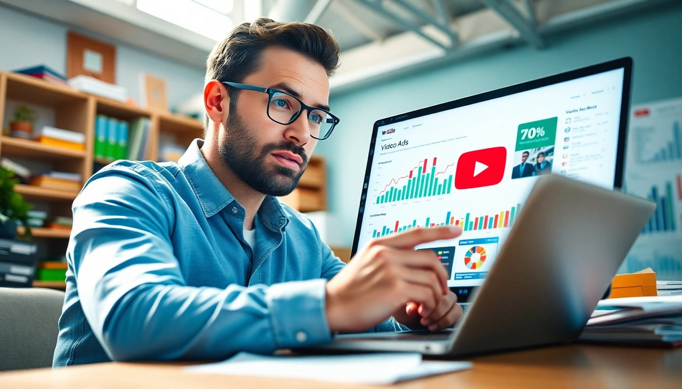 YouTube ads analysis by a marketer with vibrant data visuals in an engaging office setting.