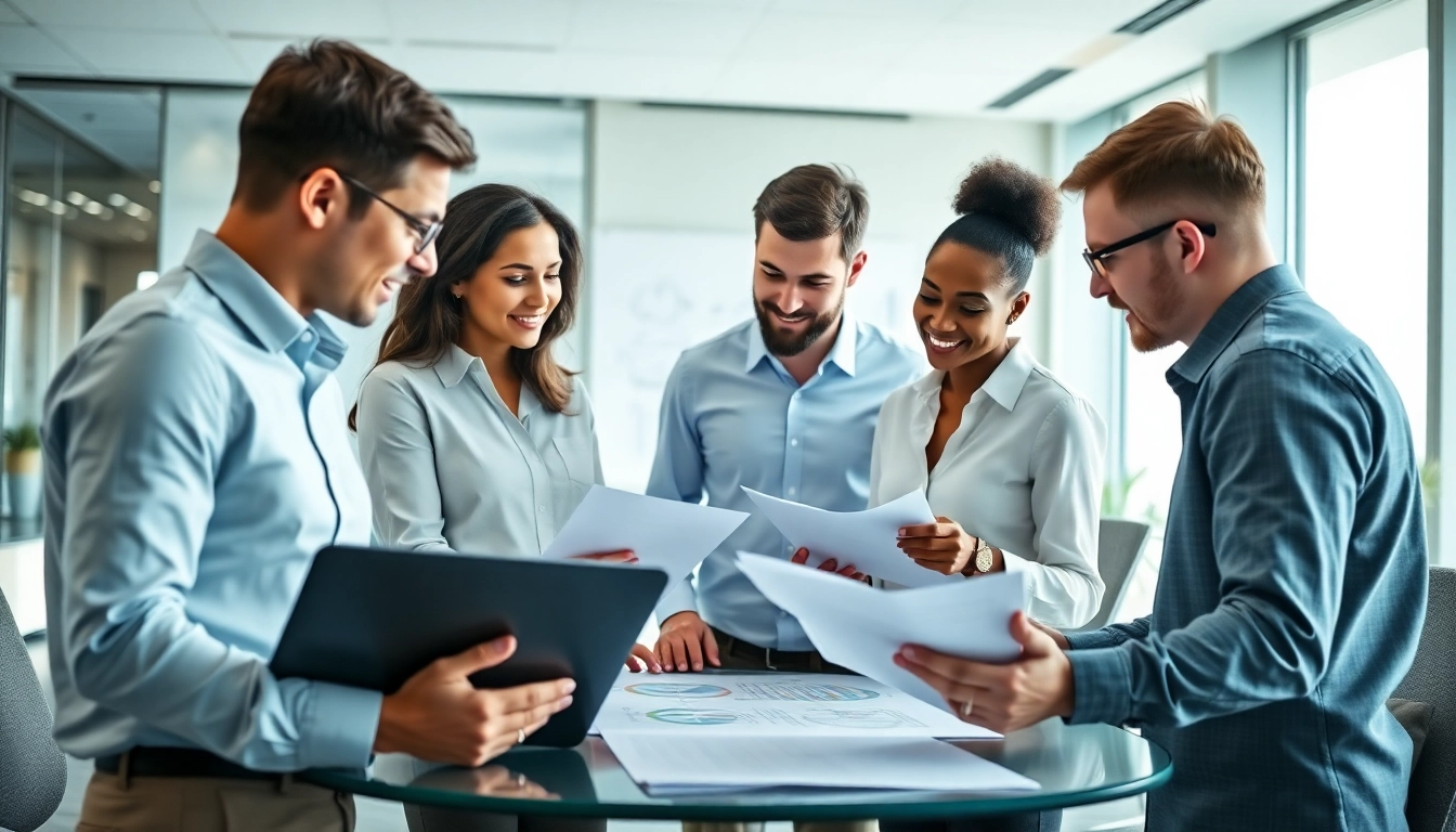 Engaged team of Quickplus Business Consultants collaborating in a modern office environment.