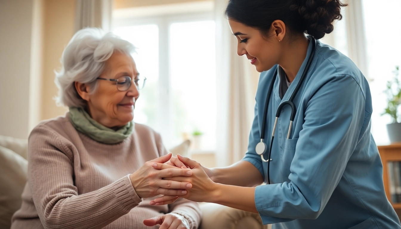 Engaged caregiver supporting an elderly client in home senior care with gentle interaction.
