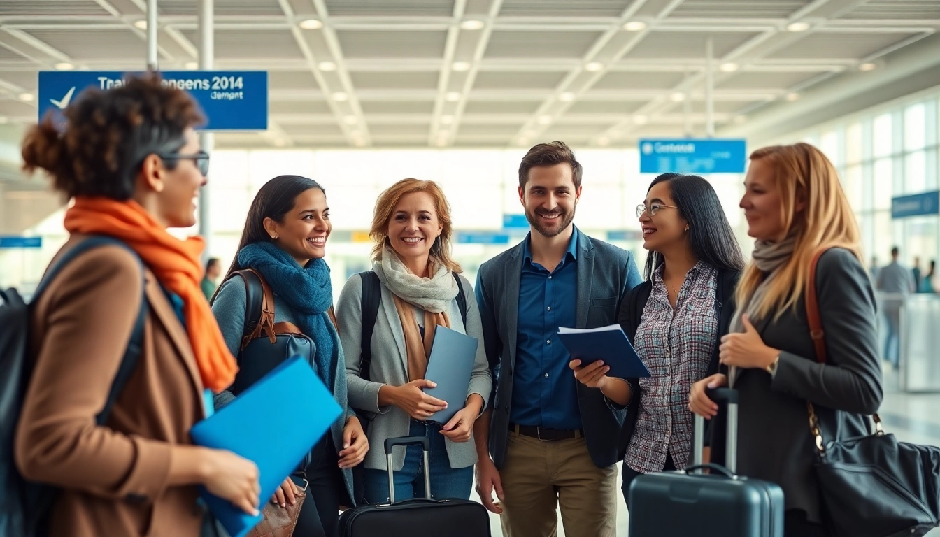 Group discussing the ESTA application process at an airport terminal.