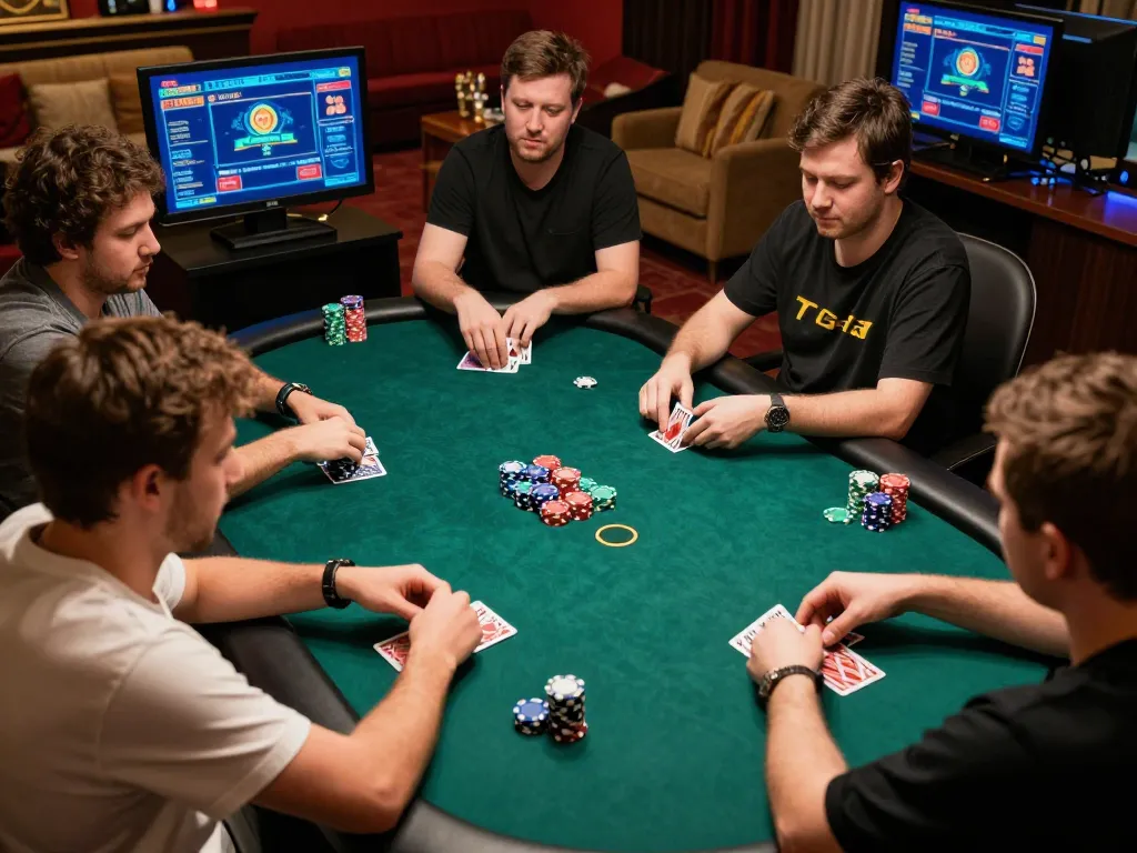 Players strategizing their poker bets at TG88 online casino in a lively atmosphere
