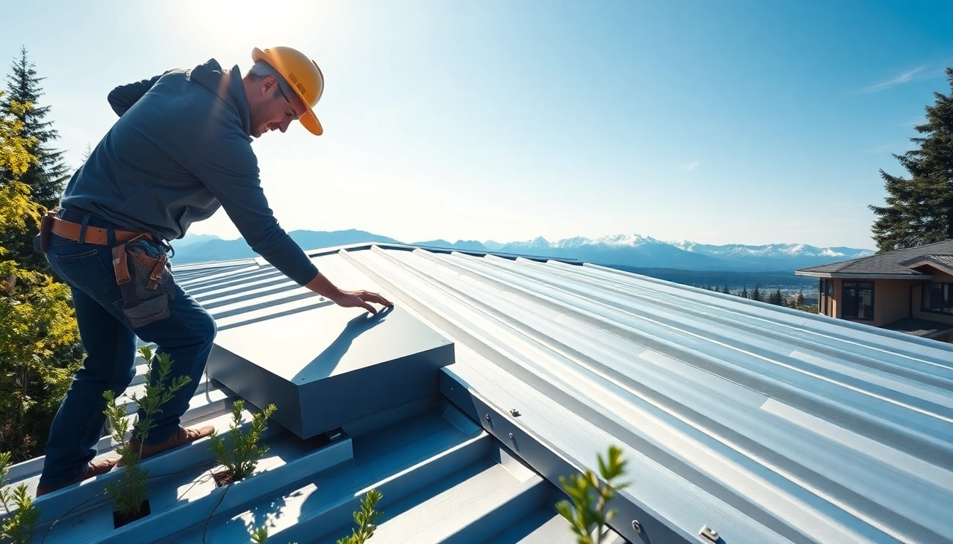 Installing durable metal roofing vancouver with a professional contractor in a scenic residential setting.