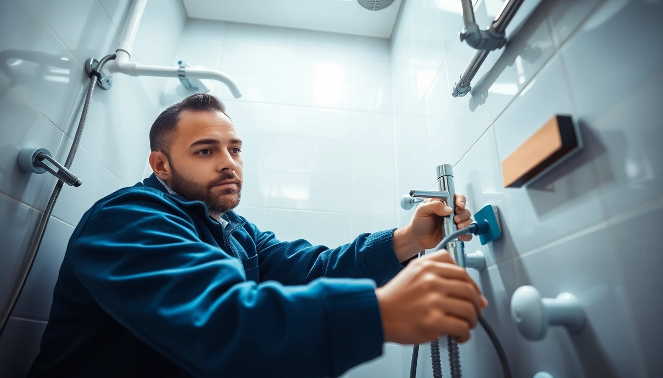 Die sonni sanitär GmbH zeigt einen Techniker bei der Installation moderner Badezimmerarmaturen.