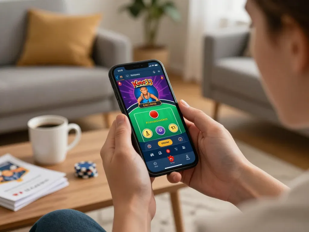 Engaging with the King33 app for strategic gameplay in a cozy living room setting.