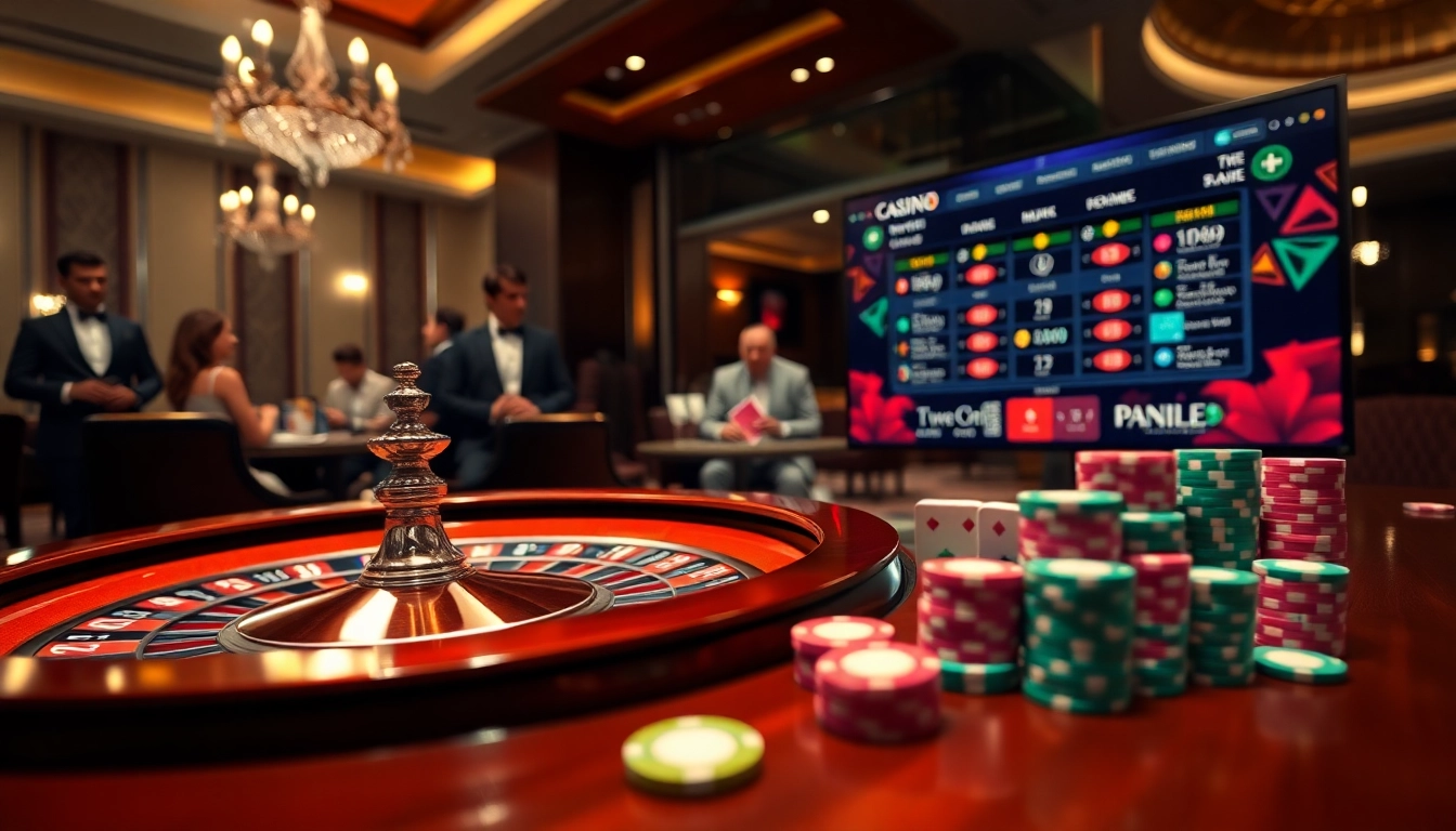 Vivez l'excitation au meilleur casino en ligne avec une scène de roulette vibrante et des jetons de poker.