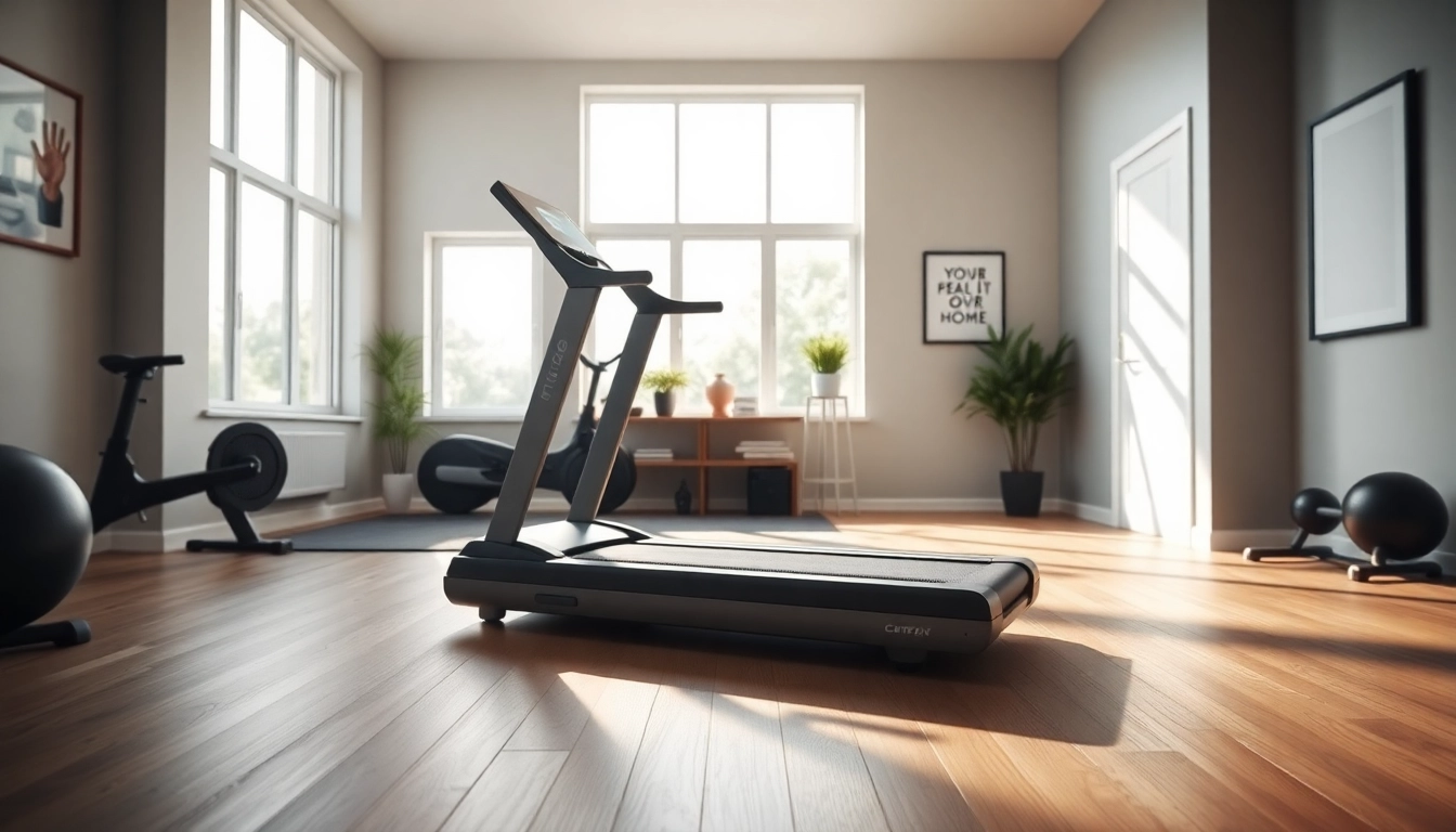 Compact walking pad treadmill manufacturer showcased in a bright home gym setting.
