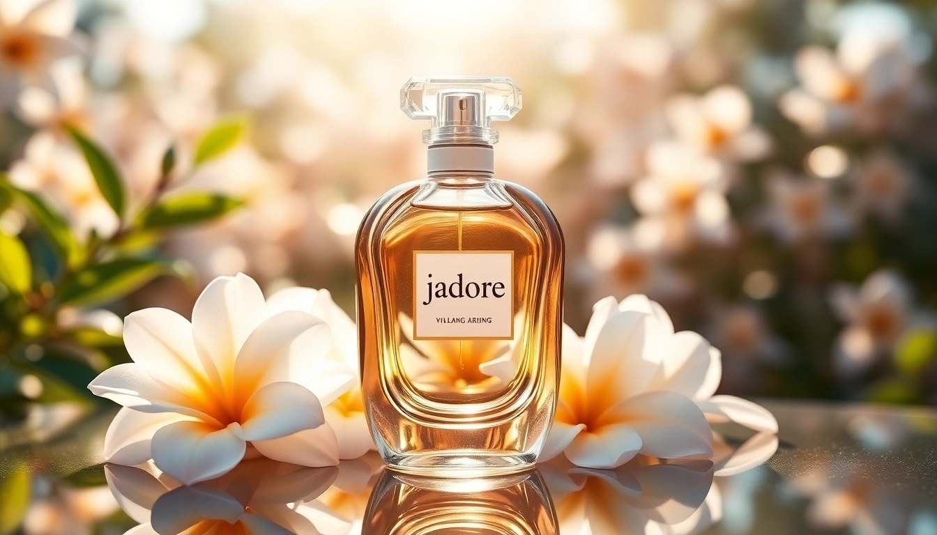 Rendering of Jadore perfume bottle surrounded by floral elements, creating an elegant atmosphere.
