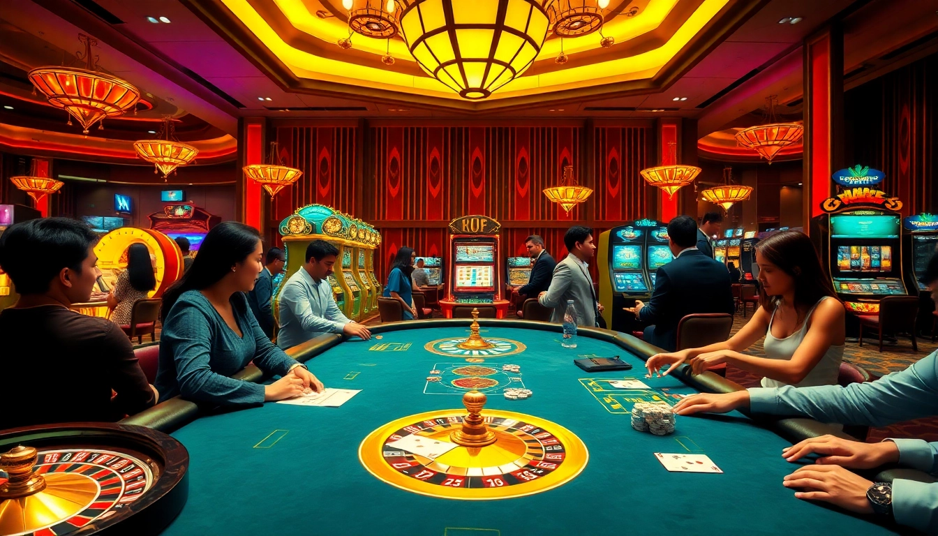 An exciting scene of online gambling at nhà cái sa88, showcasing vibrant casino games and enthusiastic players.