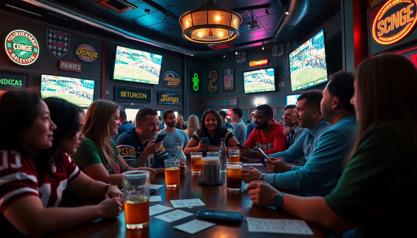 Engaging scene of sports betting Oklahoma with friends enjoying a lively sports bar experience.