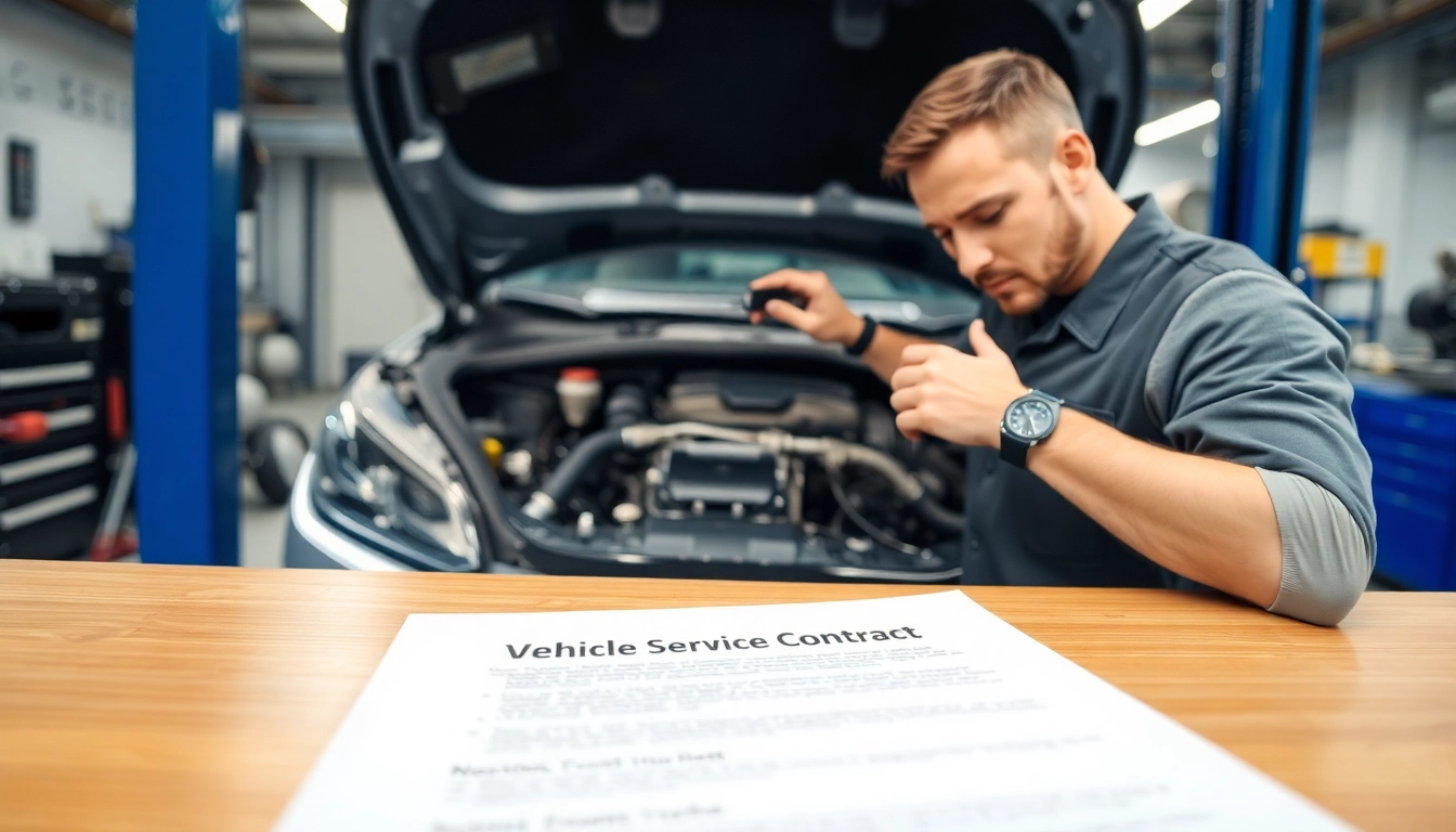 Inspecting a vehicle service contract while examining a car engine in a professional garage.