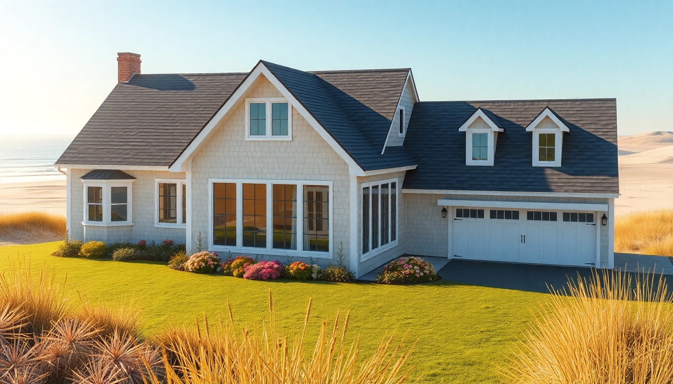 A beautiful cape cod home with an attached garage surrounded by lush gardens and coastal views.