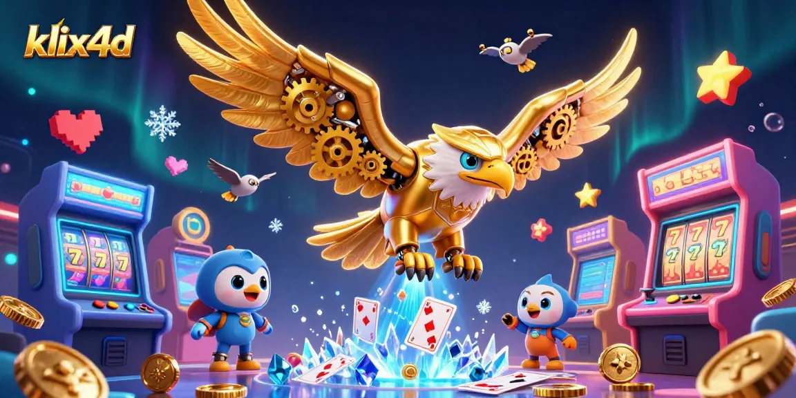 Permainan kasino klix4d dengan karakter rajawali cybernetic terbang melalui kartu holografik dan elemen permainan menakjubkan.