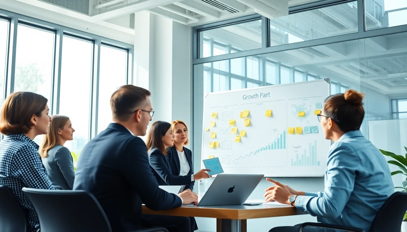 Engaging professionals discussing business growth insights in a collaborative office setting.