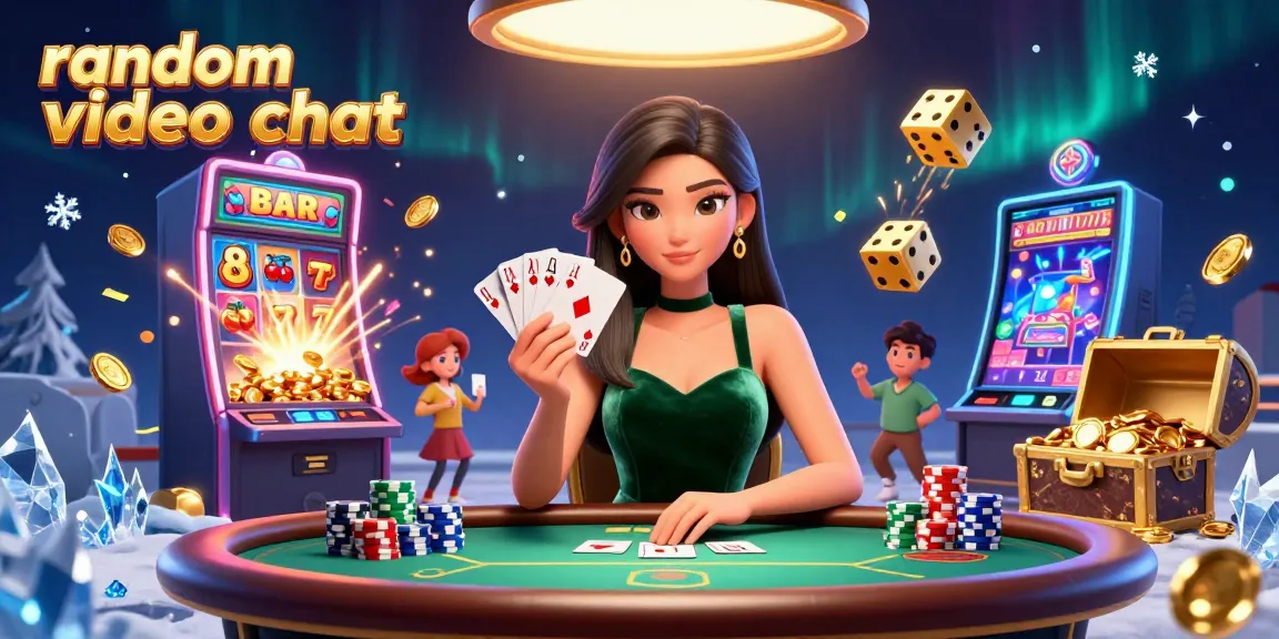 Engage with random video chat, featuring vibrant casino elements and a confident woman at the poker table.