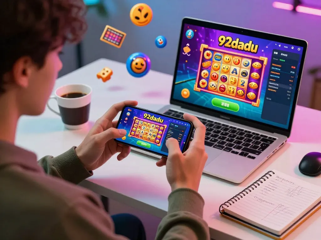Engaged player in vibrant setting enjoying the 92dadu game on smartphone, surrounded by gaming graphics.