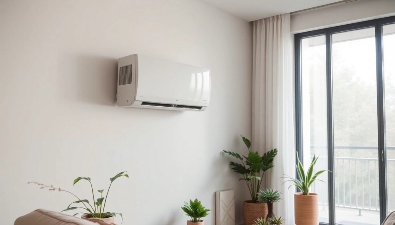 Mitsubishi mini split ac installed in a modern living room with natural light.