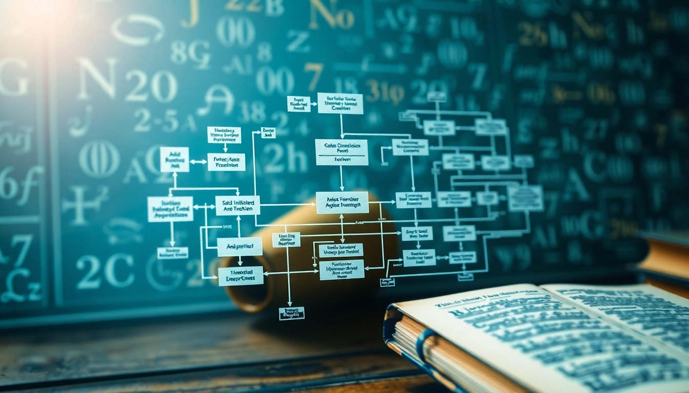 Visual representation of algorithm etymology featuring a complex flowchart and historical elements.