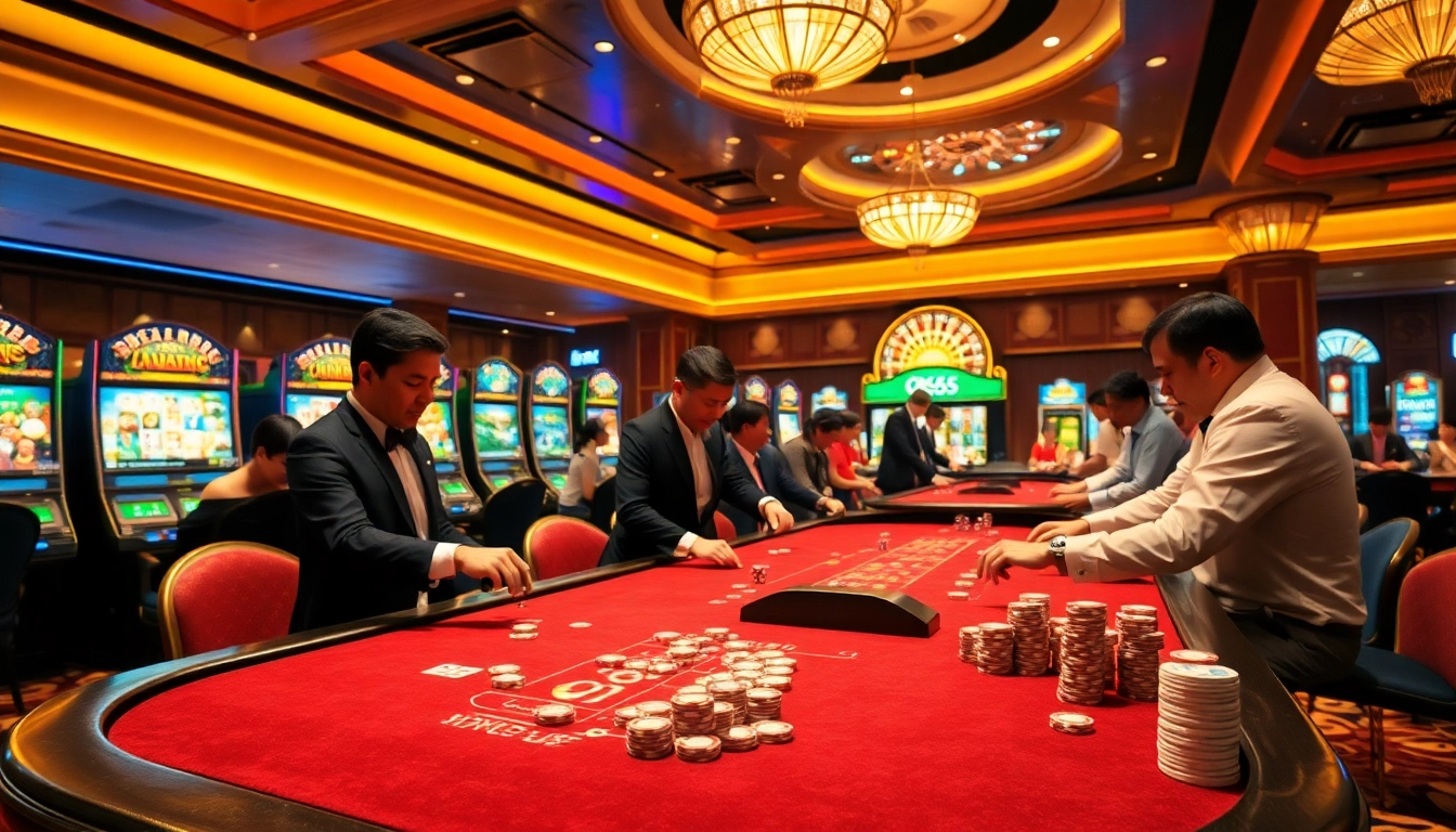 Experience the luxury of Nhà cái OK365 with a vibrant casino scene highlighting thrilling games and betting.